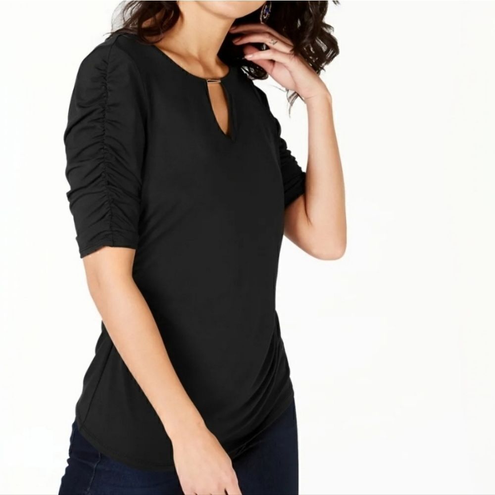 Thalia Sodi Women's Black Elbow Sleeve Keyhole Top